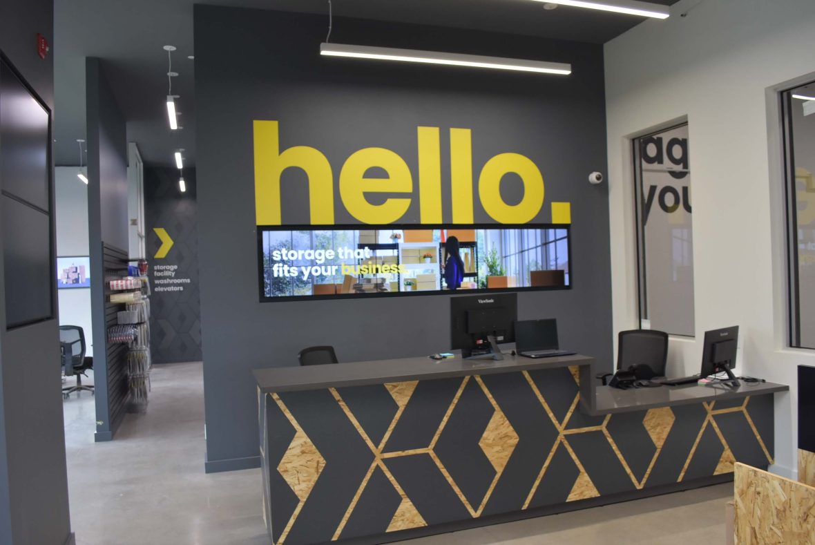 Reception desk and front counter at the XYZ Storage Toronto Dundas self-storage facility
